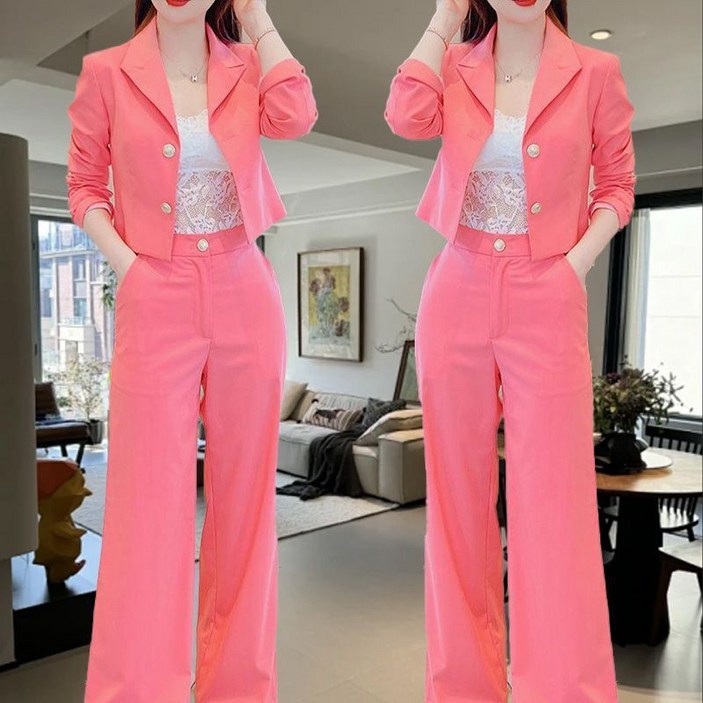 해피유통 여성 봄여름 패셔너블 정장 세트 신축성 소재 반팔 자켓과 하이웨이스트 와이드 팬츠bhf