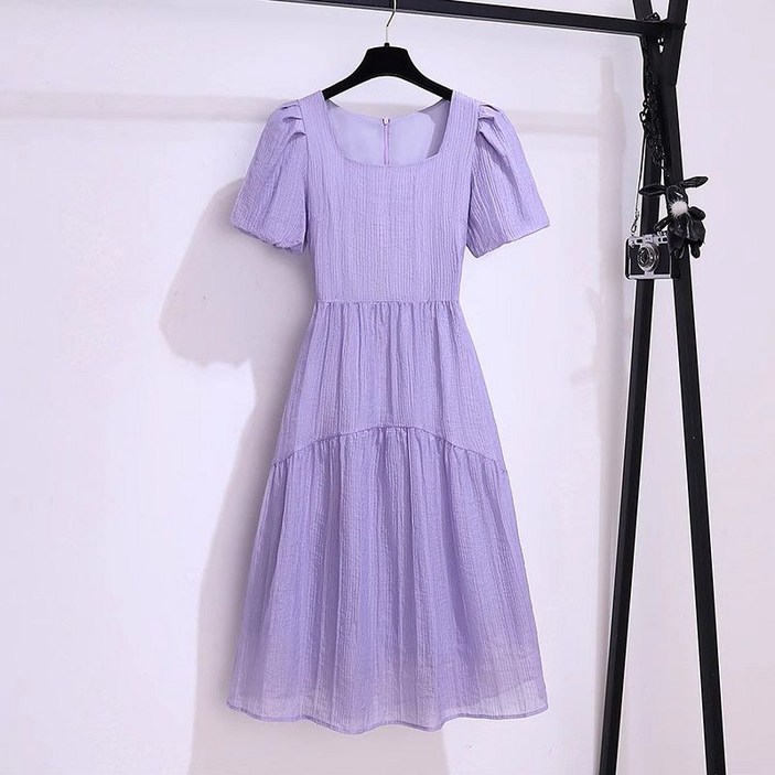 JIEVE 스퀘어넥 허리 조임 반팔 A라인 단색 원피스 여성용 ZL043054