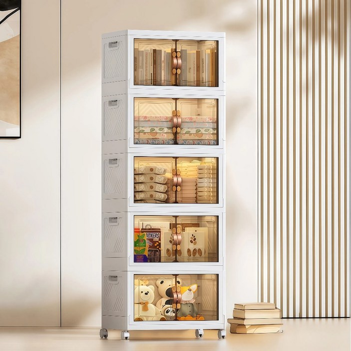 YEAAYE 더블 도어 멀티 레이어 접이식 수납함 바퀴 버전, 화이트