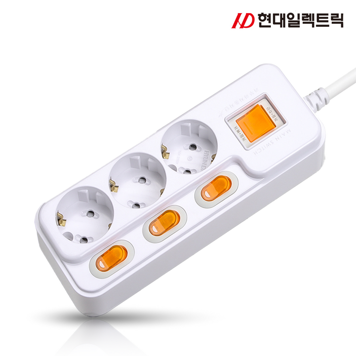 현대 국산 접지 개별 과부하차단 스위치 멀티탭 멀티콘센트 3구 16A, 5m, 화이트, 1개
