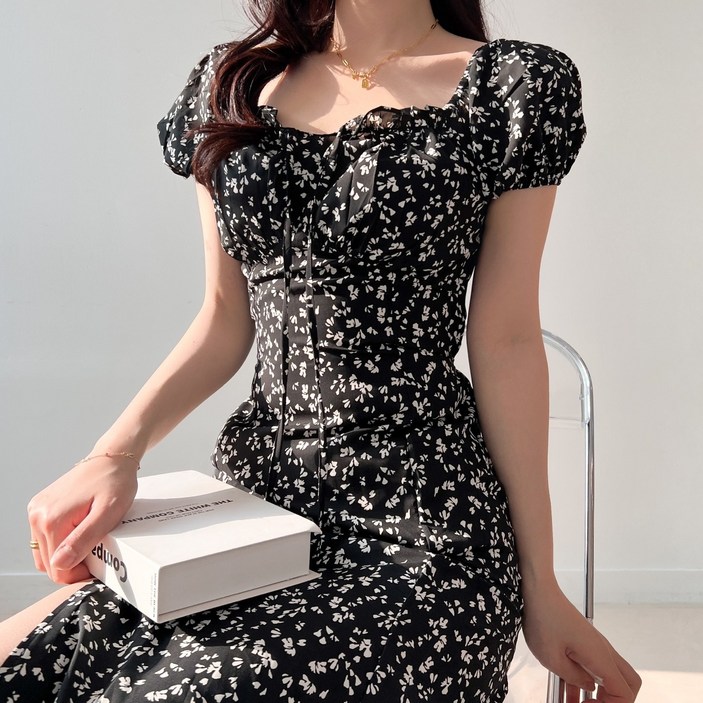 투디 투웨이 밴딩 퍼프 반팔 리본 플라워 롱원피스, 3컬러