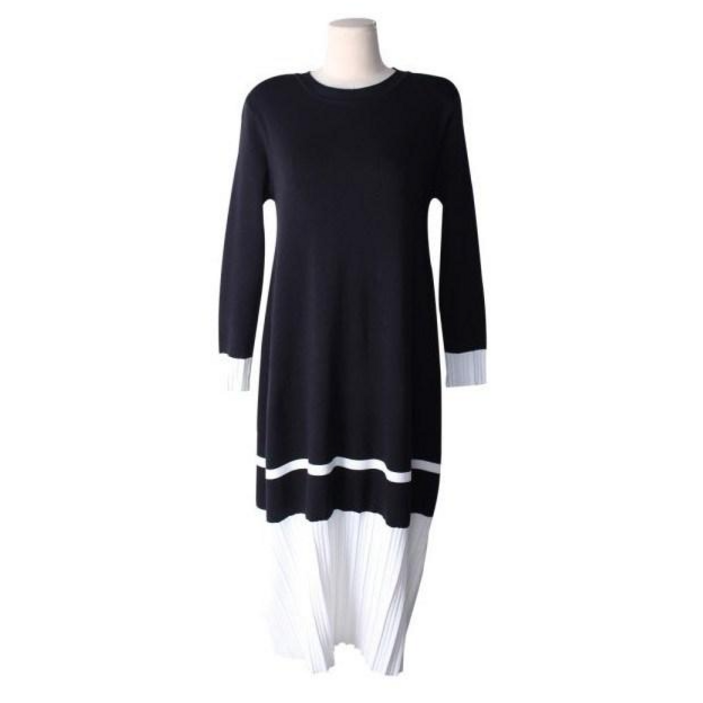 NewCare 여성 니트 롱 원피스 오피스룩 배색 플리츠 프릴 주름 원피스