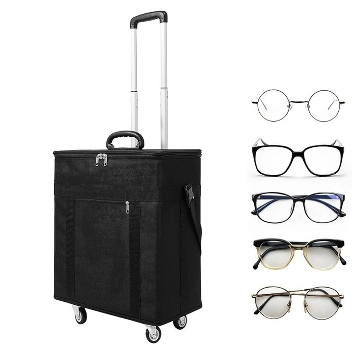 180쌍 안경 보관 트롤리 케이스  12개의 트레이가 있는 휴대용 디스플레이 박스, 수집용 여행 가방, 접이식 풀로드 및 바퀴로 쉽게 운반할 수 있습니다
