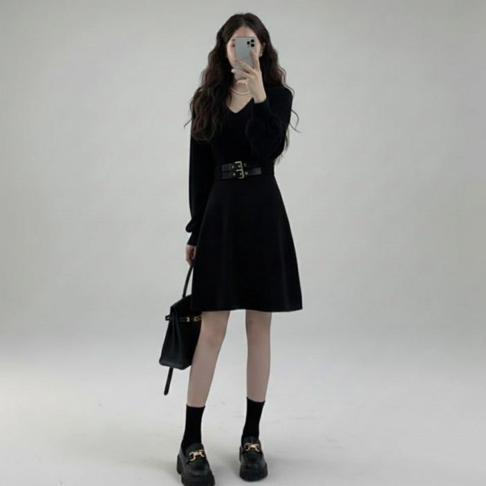 에쉬울프 빅사이즈 브이넥 슬림핏 정장룩 하객룩 롱 원피스