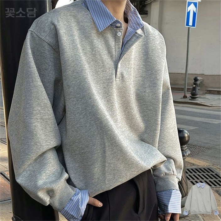 꽃소담 남자 오버핏 캐주얼 맨투맨 긴팔 카라넥 티셔츠