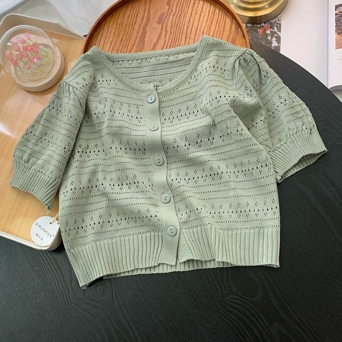 천하오 여성 신상 펀칭 반팔 니트 숏 카디건 탑 TZ364