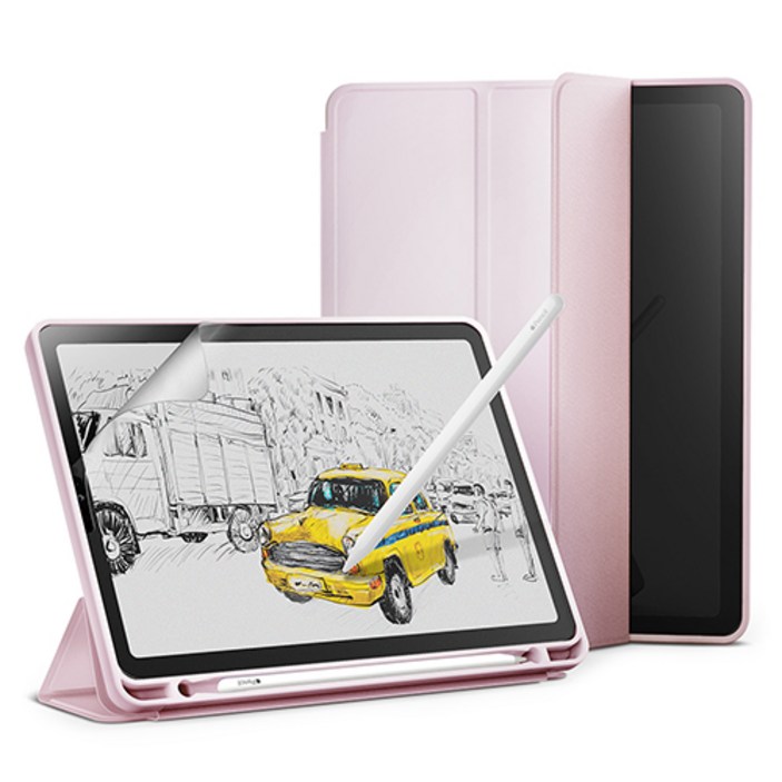 아이패드에어2 신지모루 스마트커버 애플펜슬 수납 태블릿PC 케이스 + 종이질감 액정보호 필름 세트, 핑크 샌드