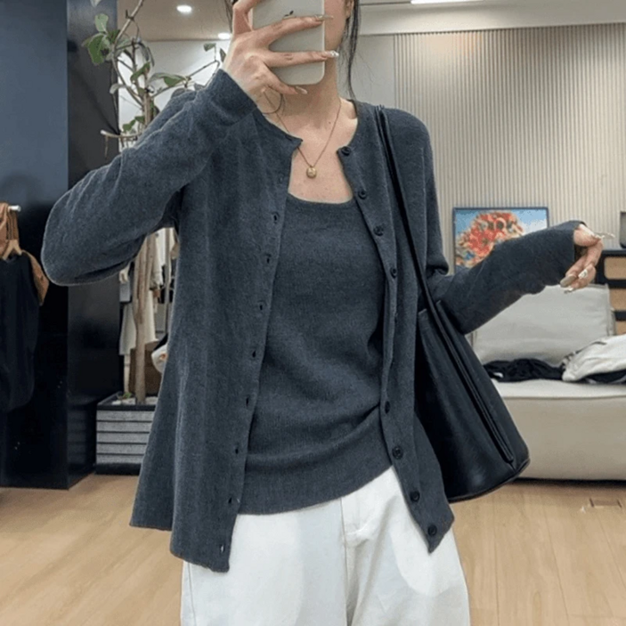 COSYEVNO 여성 투피스 가을 빅사이즈 니트 빈티지 스타일리쉬 캐주얼 슬림 하프 버튼 가디건+나시 투피스 CXJtz-15