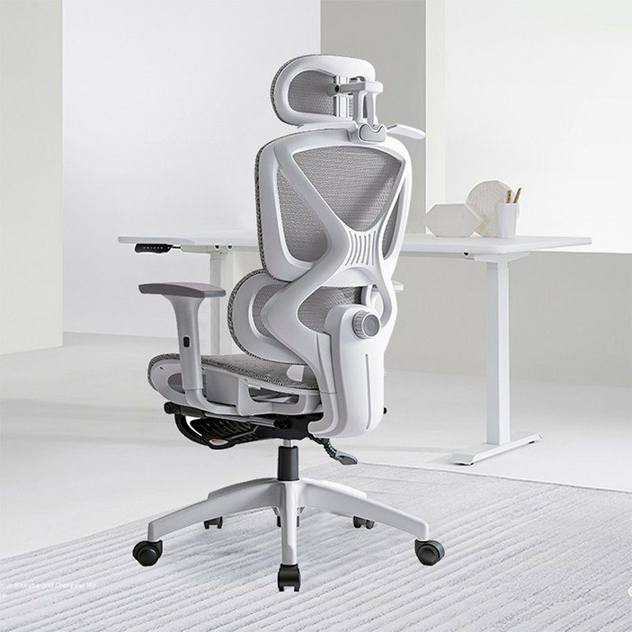 HOMEY NEST 풀메쉬 인체공학 3D 요추 허리보호 최고급 게이밍 컴퓨터의자 HNOC1006LK, 화이트