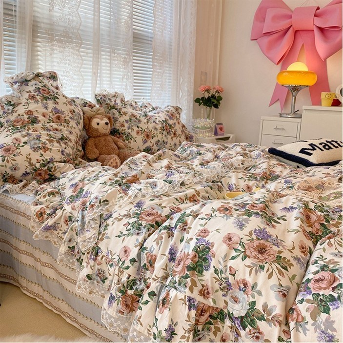WARM플라워 레트로 꽃무늬 빈티지 순면 이불 커버 사계절 봄 여름 가을 호텔 꽃무늬 먼지없는