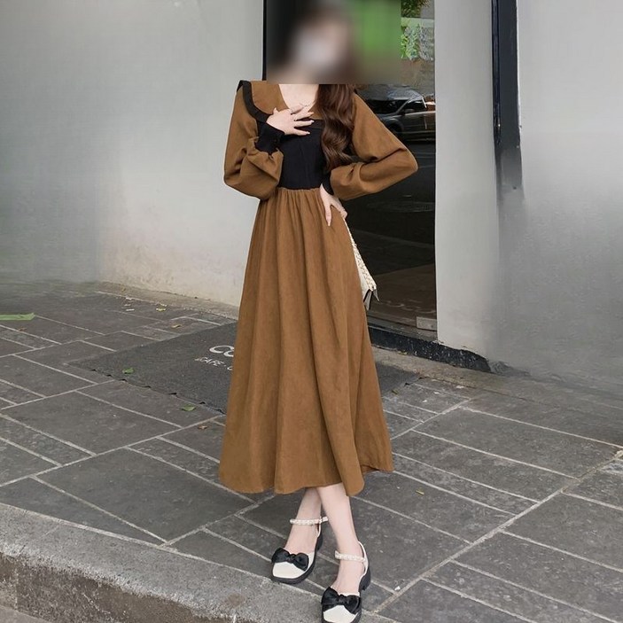 해피유통여성 가을겨울 레이스 넥 롱슬리브 원피스 패셔너블 허리 조임 디자인 원피스K03