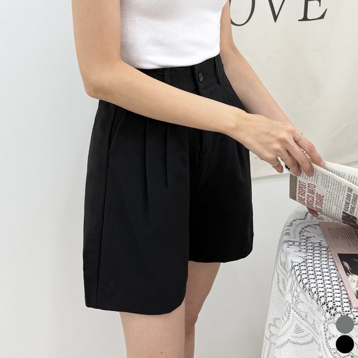 끌로이 여성용 여름 뒷밴딩 일자슬랙스 투핀턱 반바지 여름정장바지 하프팬츠