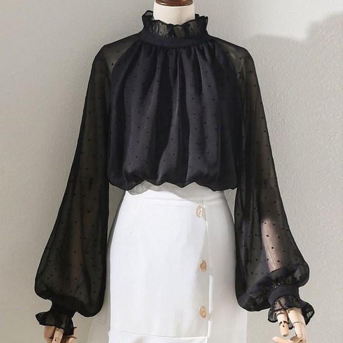 룸벨 2025 가을 겨울 신상 하이넥 럭셔리 블라우스 셔츠 오피스룩 하객룩 정장셔츠 블랙