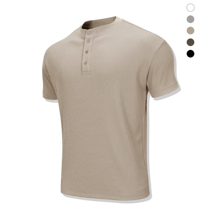 드릭스 DRIX 립브드 머슬핏 헨리넥 하프 슬리브 샌드베이지 남자 여름 헬스 운동 패션 반팔티셔츠
