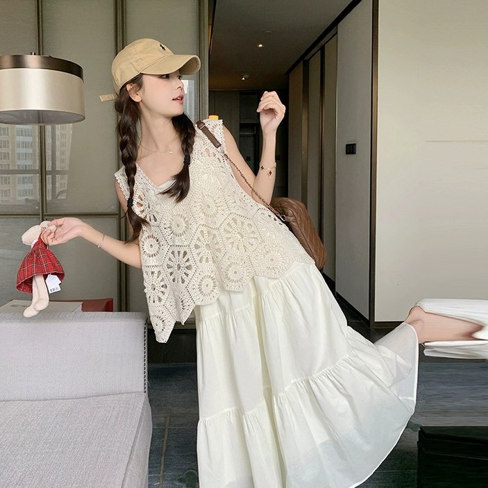 HA.M 봄여름 레이어드 베스트원피스 니트 펀칭 나시+롱 원피스