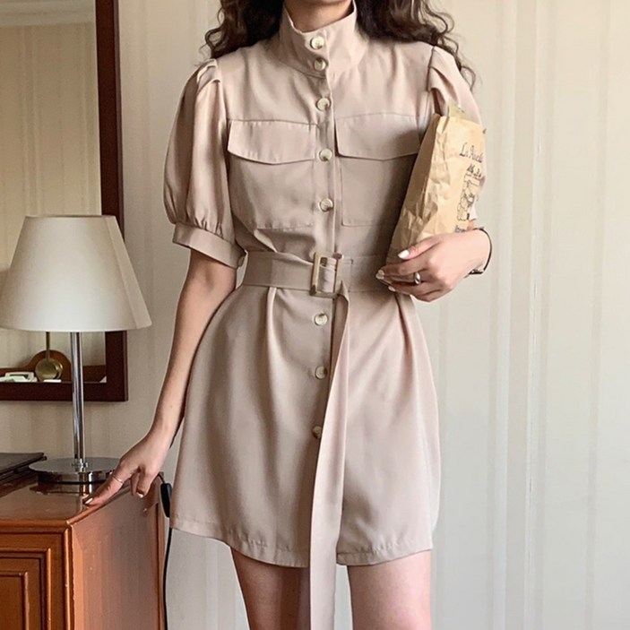 타니즈 쉐넌 벨티드 셔츠 반팔 미니원피스