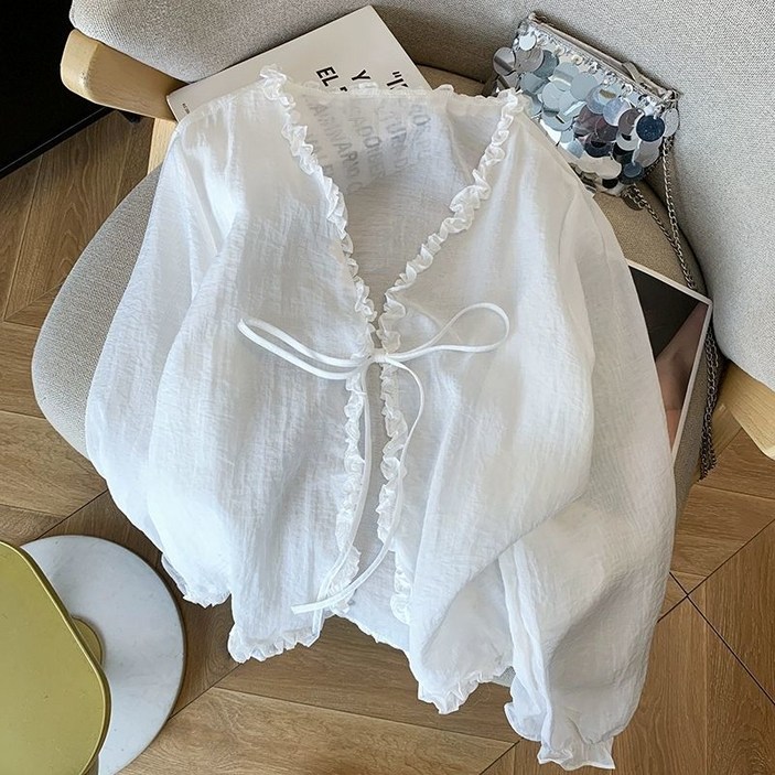 COSYEVNO  여성 봄여름 얇은 프릴 카라 리본 섬세한 쉬폰 블라우스 가디건 LFHfsy3