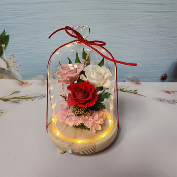 LED 버튼 프리저브드 장미 3송이 하트 유리볼 장미무드등 꽃무드등 화이트데이꽃 실내 인테리어 꽃조명 선물, 빨강 장미와 3송이