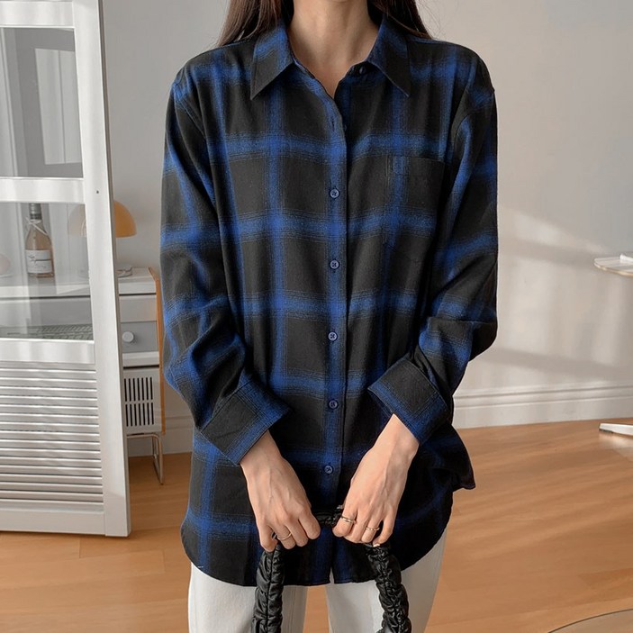 [오버나인] 여자 여성 겨울 기모 캐주얼 스탠다드 체크 셔츠 남방