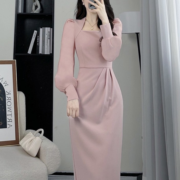 여성 봄가을 긴팔 프렌치 스퀘어넥 미디 원피스 공주 우아한 롱 슬림핏 캐주얼 드레스