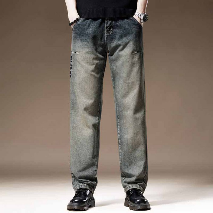 AOKADA 남성 워싱 데님 팬츠 루즈핏 일자 통 청바지