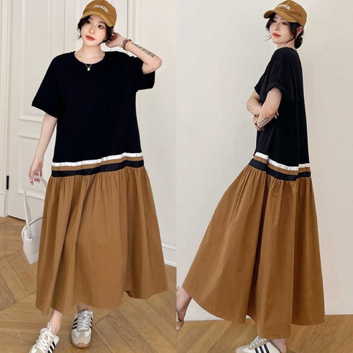 (완전 편한) 여성 배색 셔링 줄무늬 롱 날씬해보이는 원피스 여름 편한 단아한 매력 박스 외출용심플 모던 얇은것 베이직 라운드넥 이쁜 세련된거 캐쥬얼 3xl 긴 플레어 원피스