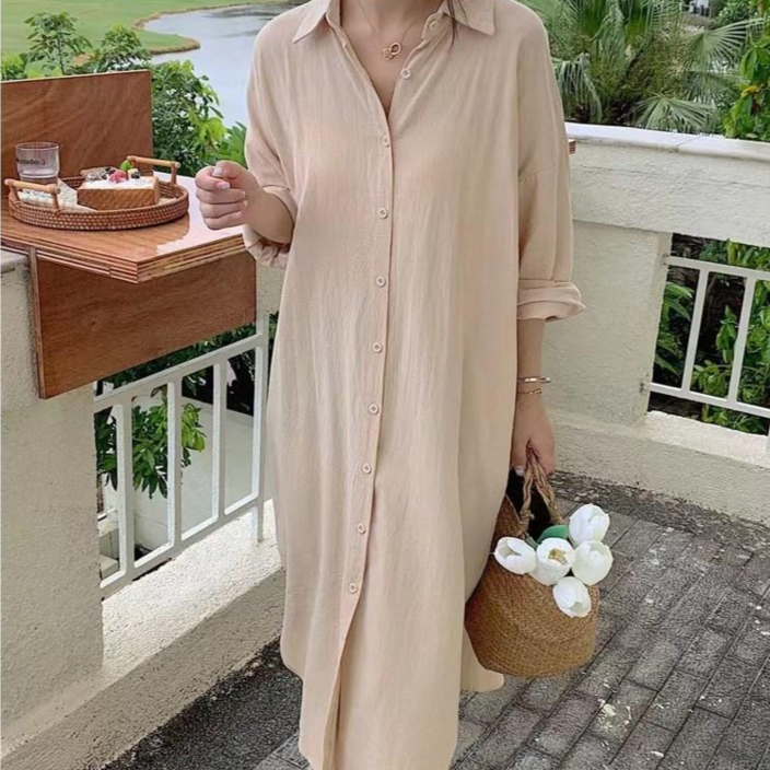 여성용 데일리 심플 롱 셔츠 원피스