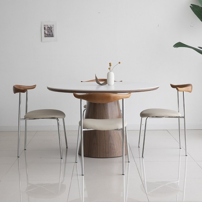 트리몬 TM03 포세린 월넛 1200 사이즈 원형 세라믹 카우의자 식탁세트 (의자 4개)