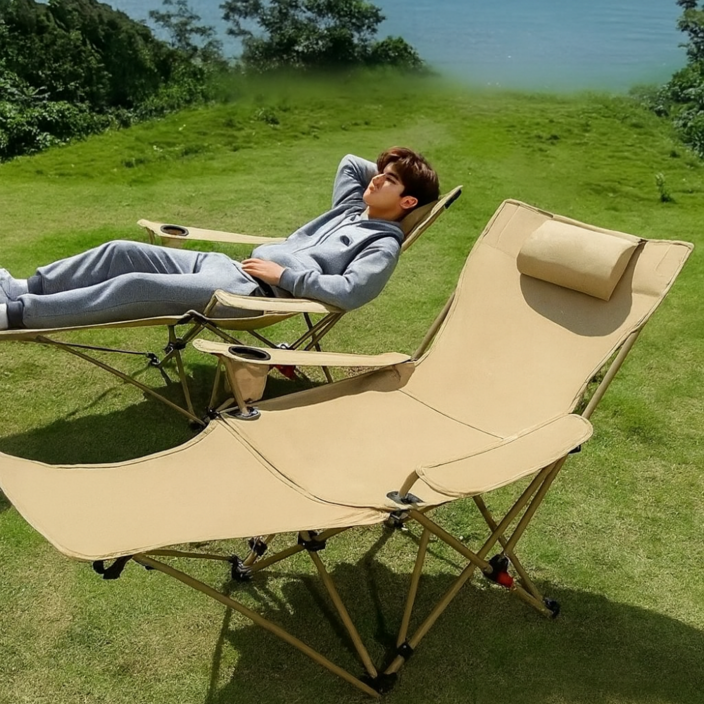 베어커즈 캠핑의자 리클라이너 앉거나 눕기겸용 접이식 각도조절 컵홀더 경량 발받침대, 2개, 카키베이지