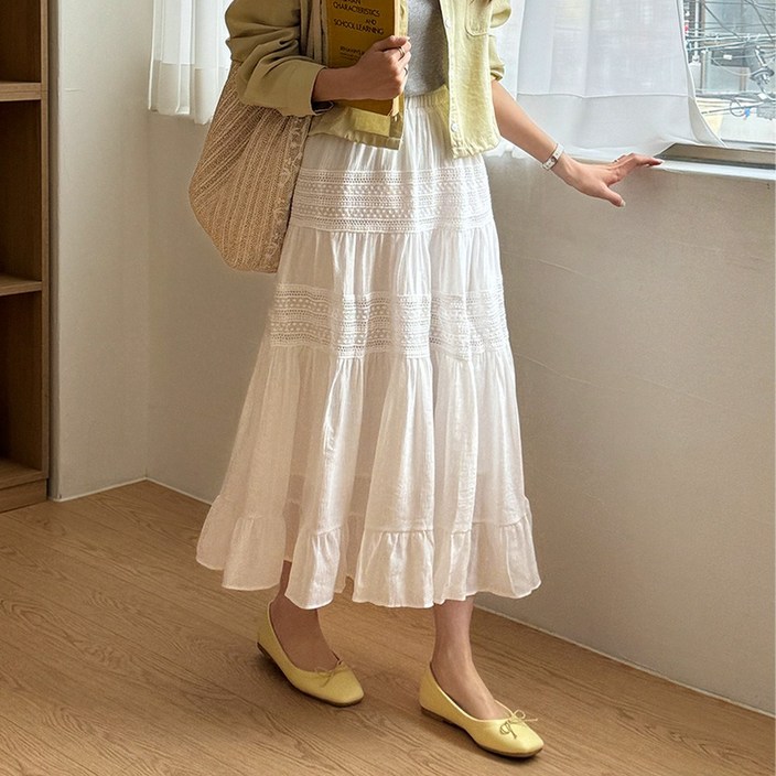 데일리앤 사빈 아일렛 펀칭 레이스 프릴 캉캉 롱스커트 여름 치마 데일리앤 사빈 아일렛 펀칭 레이스 프릴 캉캉 롱스커트 여름 치마