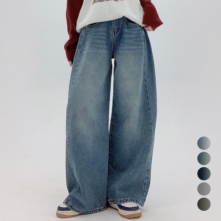 코모도 여성 와이드 청바지 절개 라인 롱 데님 팬츠  2단기장 