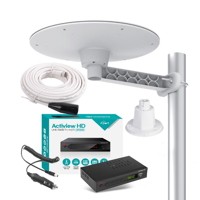 UHD 지상파 TV 안테나 셋톱박스 수신기세트 1.5~10M 케이블 포함 차량용 가정용 캠핑용 농막용, AP13HD01C(원반형 화이트), 1개