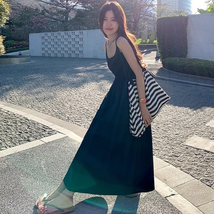 러우 여성 골지 플레어 끈나시 롱원피스 여리핏 여름 휴양지 바캉스 비치룩 임부복 원피스