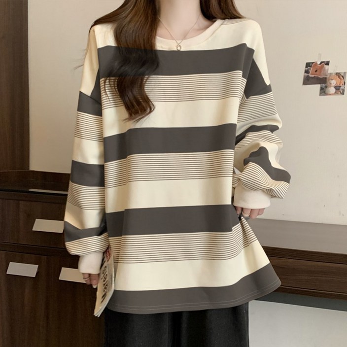 르보에 여성 오버핏 스트라이프 루즈핏 긴팔 티셔츠