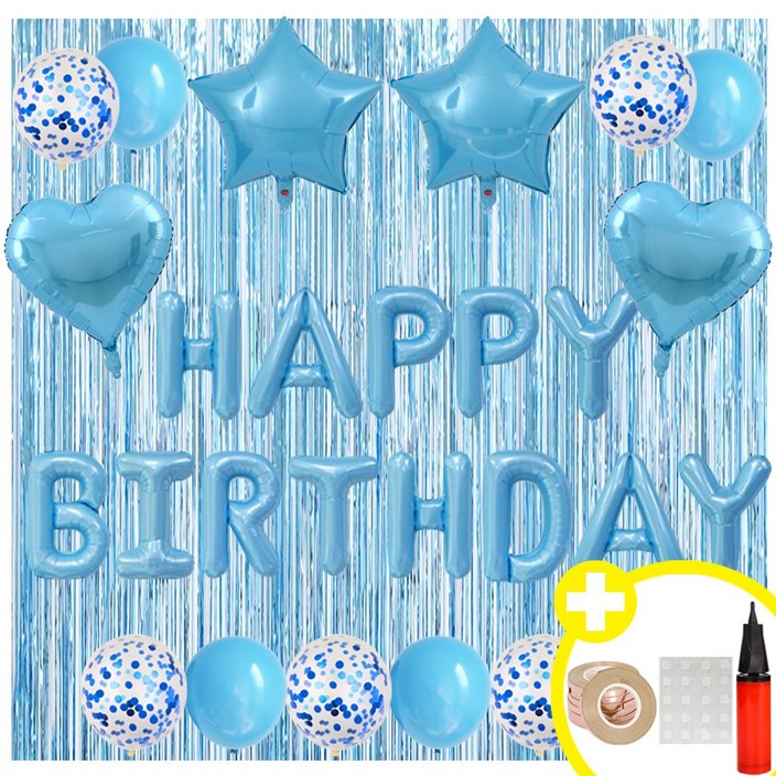 [블링블링 파티] 하트 스타 HBD 생일축하 은박풍선 파티용품세트 인생샷 포토존 연출템 10옵션 [에브리띵스마일] 1219, 1세트, 스카이블루 풍선 커튼