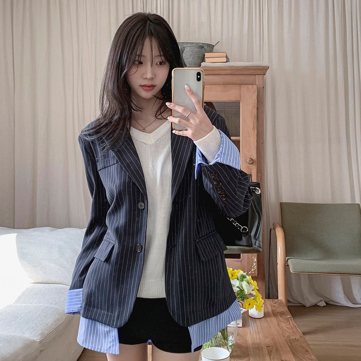 떳다그녀 엠마린 배색 스트라이프 루즈핏 줄지 재킷 투톤 봄 아우터 데일리룩 오피스룩 하객룩 자켓