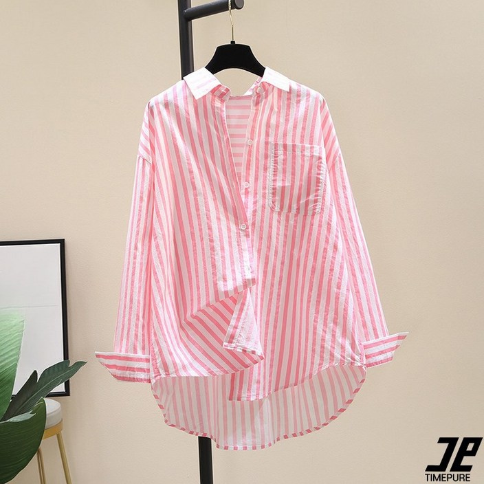 여성 봄 여름 긴팔 셔츠 캐주얼 세로 줄무늬 루즈핏 셔츠 여자 외출용 상의