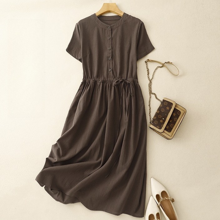 POMTOR 여름원피스 린넨 원피스 캐주얼 원피스 시원한 면 마 치마 롱 원피스