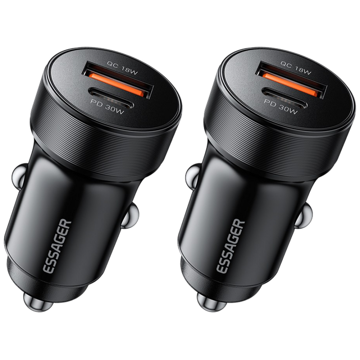 ESSAGER QC3.0 30W 듀얼 포트 C타입 차량용 고속 충전기, 블랙, 2개