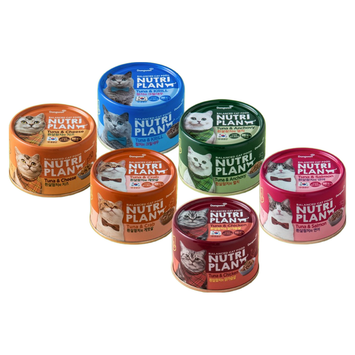 고양이 베스트캔 동원 뉴트리플랜 혼합토핑캔6종  건강프로젝트6종 택일 닭가슴살,연어,멸치,게맛살,크릴새우,치즈,장,피부,체중,면역,구강,모질,유리너리, 24개, 160g, 토핑캔6종 혼합각4캔
