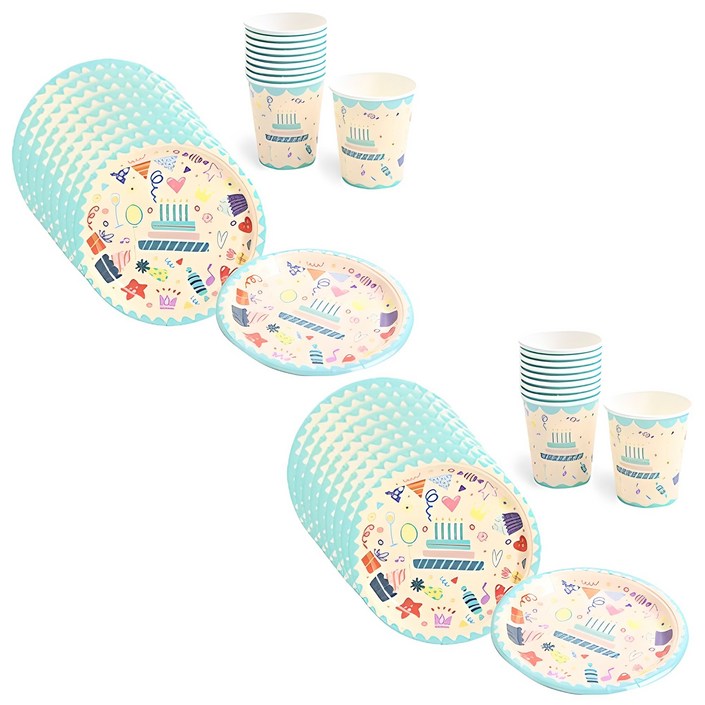 생일 파티접시 18cm 20p + 컵 20p 아이콘 세트