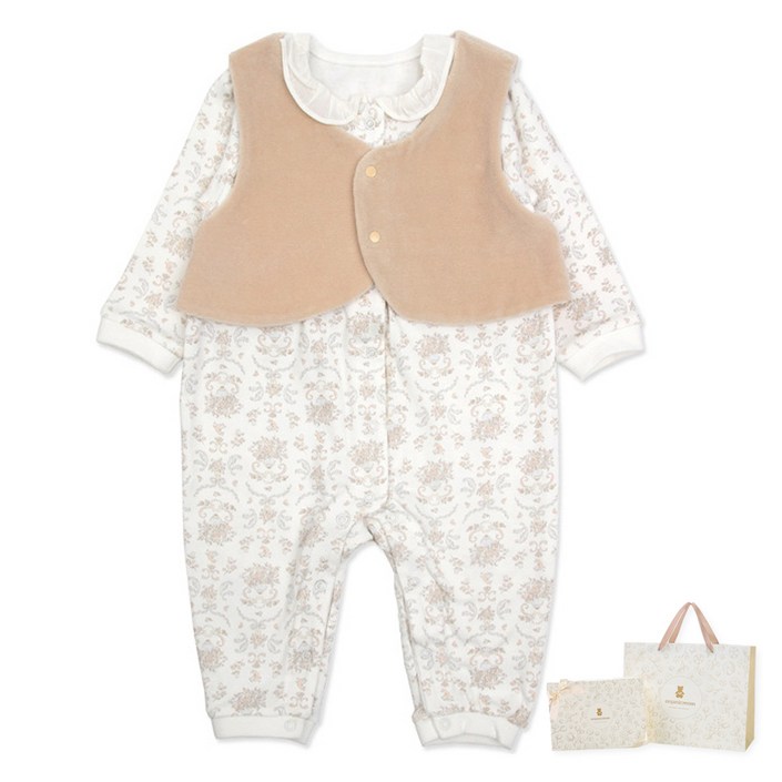 오가닉맘 신생아용 발렌티 긴소 우주복  조끼 세트 MIFLQE05  쇼핑백