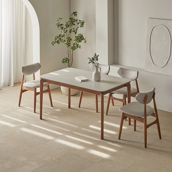 파로마 리샤르B 통세라믹 원목식탁 + 의자세트 4인 방문설치, 베이지상판 + 월넛원목, 일반의자 4