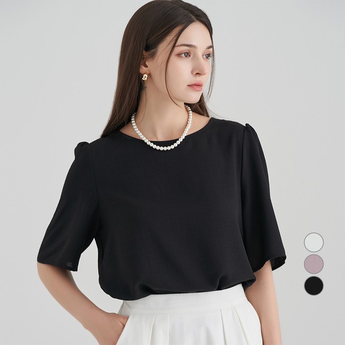 ELLE PARIS 여성용 라운드넥 반팔 블라우스 ELLE PARIS 여성용 라운드넥 반팔 블라우스