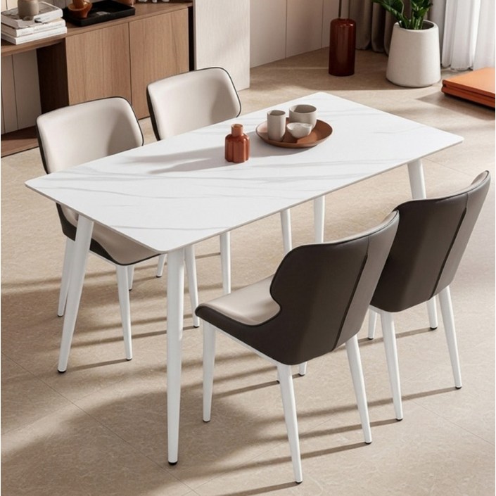 가드맨 1400 세라믹 식탁 테이블  쿠션의자 4P 세트 방문설치, 화이트마블테이블, 화이트의자, 일반의자 4