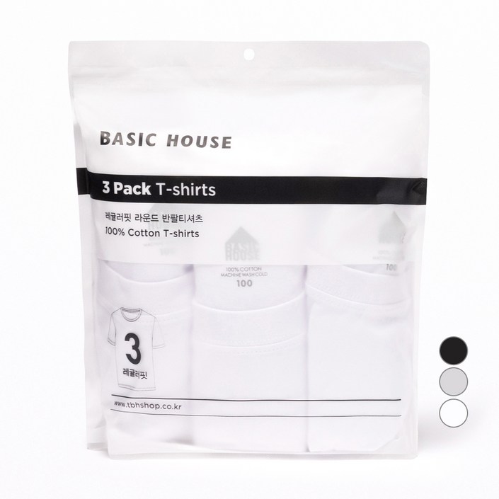 베이직하우스 남녀공용 통기성 순면라운드 30수 반팔티 오리지널팩 3p HATS0101