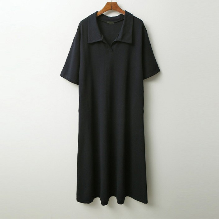 티탁 여성용 통기성 빅사이즈 데일리 칼라넥 PK카라 A라인 포켓 무지 반팔 롱원피스 TTCD57