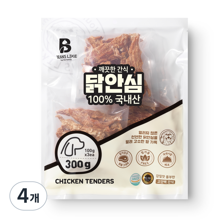 빈즈라이크 닭안심 강아지 간식, 닭 안심, 300g, 4개