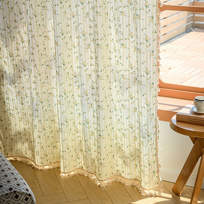 지앤와이 코지 데이지꽃 그린잎 태슬 커튼 봉집형