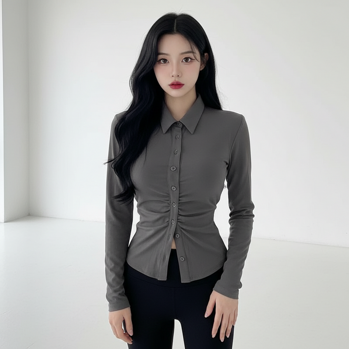 마켓피아 여성용 셔링 카라넥 슬림핏 블라우스 셔츠